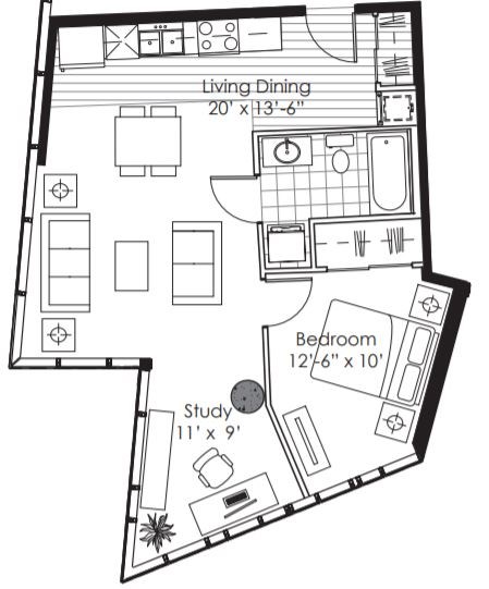 Floor plan for 1 bed, 1 bath, 714 sqft